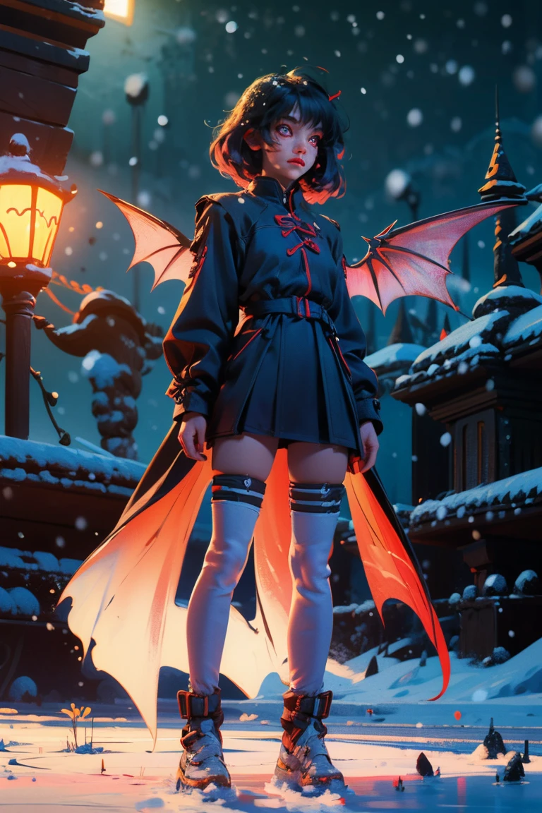 uhd, textured skin, good quality, High details, ​masterpiece, best quality, high detail face, (Amazingly absurd:1.2), (​masterpiece:1.2), fluffy, 1 Girl, standing, Dragon ears, Dragon wings, dragon tail, Dress with ruffles, glowing eyes, shining hair , Whole body love, very long hair, hair ribbon, black kneesocks, full body, Kawaiitech, soft colours, Kawaii, Beautiful colors, (Snow:1.5), (Wet:1), (Night:2), (land:2),