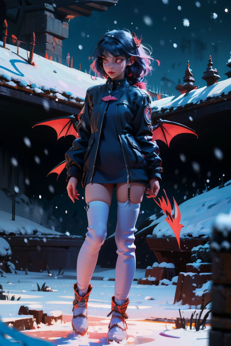 uhd, textured skin, good quality, High details, masterpiece, best quality, high detail face, (Amazingly absurd:1.2), (masterpiece:1.2), fluffy, 1 Girl, standing, Dragon ears, Dragon wings, dragon tail, Dress with ruffles, glowing eyes, shining hair , Whole body love, very long hair, hair ribbon, black kneesocks, full body, Kawaiitech, soft colours, Kawaii, Beautiful colors, (Snow:1.5), (Wet:1), (Night:2), (land:2),