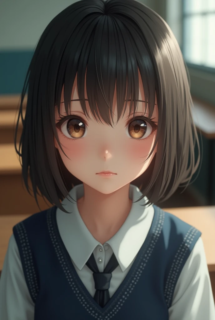 best quality, face focus, soft light, ultra high res, (photorealistic:1.4), RAW photo, 1japanese girl, solo, cute, (shy smile:0.5), (brown eyes, lights in the eyes), detailed beautiful face, (small chest),(high resolution detail of human skin texture), (short bob hair), BREAK, in classroom,navy school uniform, vest, skirt, realistic picture