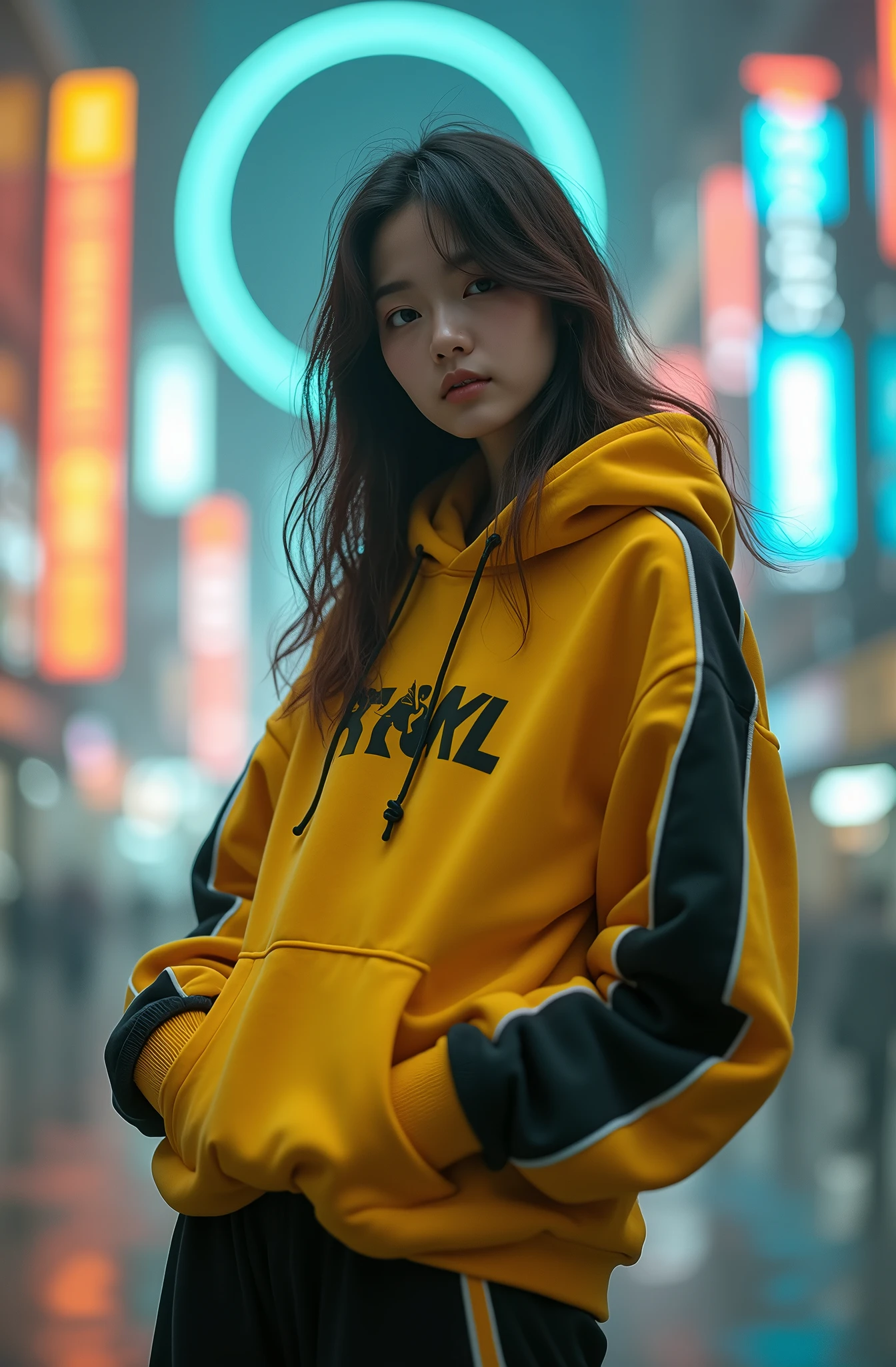 The Masterpiece of photography composition, 4K wallpaper, Masterpiece sci-fi cyberpunk city, fantasy sci-fi, neon glow lights city, ( Subject ( 1girl, A cute japanese women with beautiful hair, wearing an youth stylist oversized hoodie fashion, yellow, black stylist fashion, jumper hoodie and short solid cotton trousers, the hoodie stylist masterpiece.))
( Pose (Relaxed, with dance pose, masterpiece. Medium breast.))
( Setting (ultra realistic, sci-fi theme, A mystic environment, cyberpunk city with neon glow lights and a glow light portal.))
( Face ( absolute detail of face masterpiece, detail skin pores masterpiece, oil skinny, beautiful japanese girl, detail of face.))
( Perfect human body, perfect human fingers)
( Lighting (Dramatic side lighting with a warm and cool light masterpiece, absolute face and body lighting teqnique, sunlit glow and light rays, masterpiece object lighting and detail.))
(detail of absolute futuristic fashion a masterpiece), rahnday style photography, the sense of photography), sea art infinity.)
( Style (Hyper-realistic, cinematic, with a focus on detail and texture, octan render 4K quality masterpiece.))
( Technical Specifications (Shot from a medium long shot, below-up perspective, with a Fujifilm XT-4 with Fujinon 50mm lens at f/1.2.))
(((Additional Notes)
 ( Focus on Key Elements (Emphasize the woman, her clothing, and the dramatic city backdrop.))
 ( Visual Effects (Include cinematic grains, falling glow particles, and a blurred background with white fog.))
