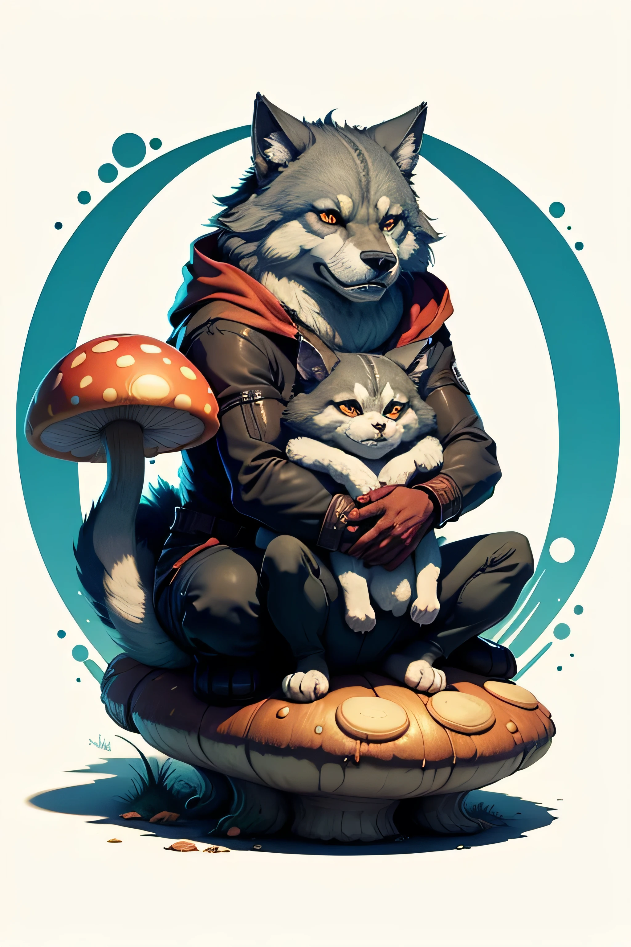 two-headed-wolf holding the devils cat, sitting on a giant mushroom, style of Jim Woodring, illustration, poster, conceptual art, dark fantasy