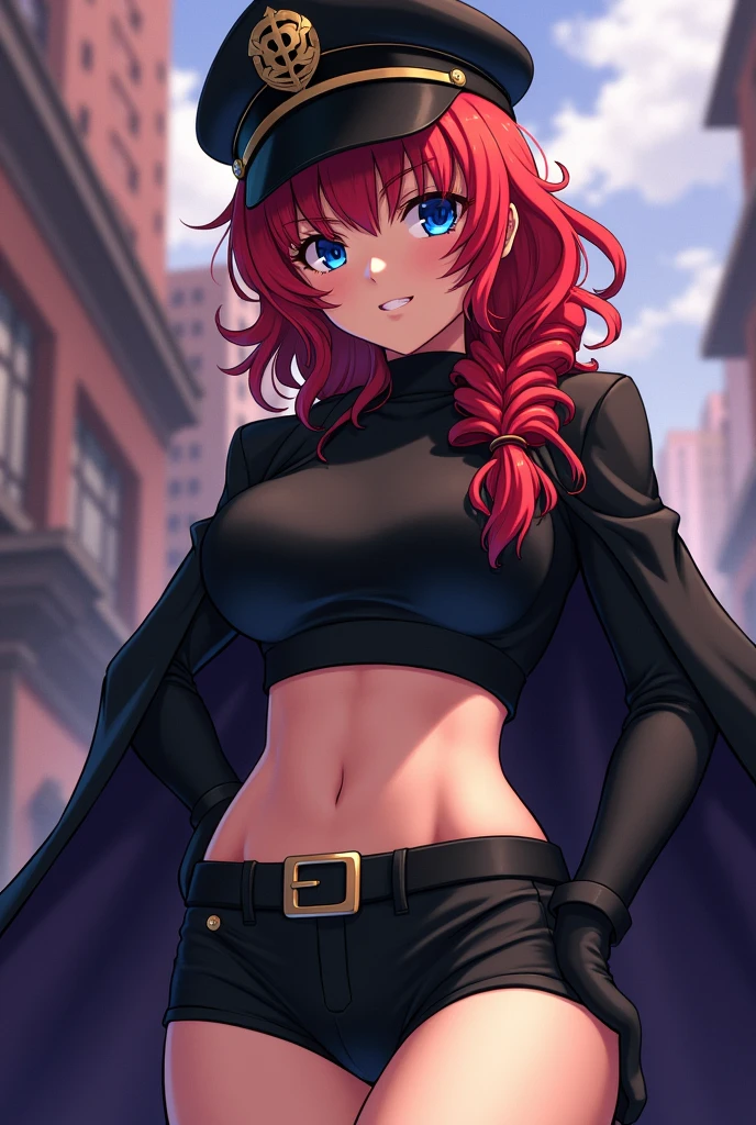 Anime Jojo's Bizarre Adventure Female Character,Female One,red hair with a fringe and a braid and blue eyes,wears a black captain's hat, cropped turtleneck blouse, thin waist and wide thighs and hips,short black shorts,black socks and boots,black cloack