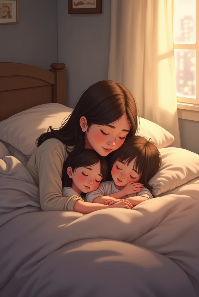 Two sisters and one brother sleeping on the bed