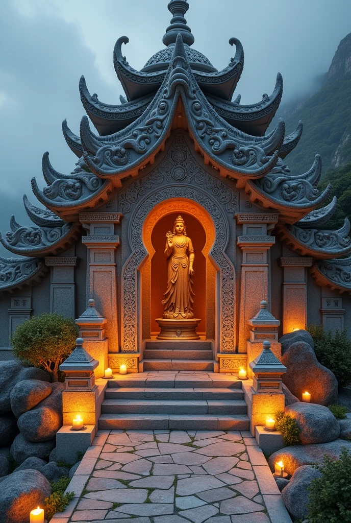 "Sacred ceramic temple": A monumental temple on top of a mountain, constructed entirely of ceramic. The exterior walls are covered with detailed mosaics, while inside, Ceramic statues of deities and spiritual beings glow under the light of eternal candles.