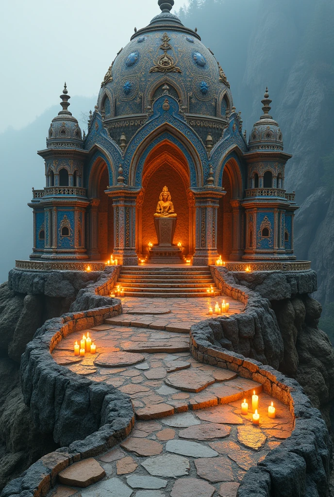 "Sacred ceramic temple": A monumental temple on top of a mountain, constructed entirely of ceramic. The exterior walls are covered with detailed mosaics, while inside, Ceramic statues of deities and spiritual beings glow under the light of eternal candles.