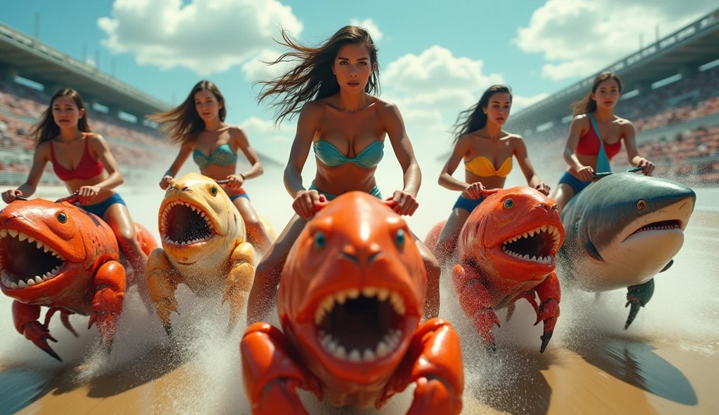 First-person perspective
The camera uses the first-person perspective of each of the five beauties to show them riding different seafoods in a fierce race on the track. In the camera, the claws of the lobster, the tentacles of the octopus, the claws of the crab, the fins of the shark, and the body of the swordfish each occupy the field of vision. As the seafood runs fast, the camera shakes slightly, creating an immersive competition experience. Each beauty can feel the competitors around her - other seafoods and their riders are trying hard to catch up, and every step of the competition is full of tension.