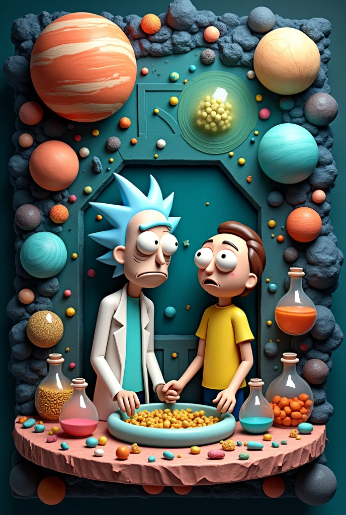 Affiche (Titré : Rick et Morty). Rick et Morty en pâte à modeler. Dans  l'espace. Planètes et lune. Tourbillons. Haute qualité. Détails époustouflant. Arrière plan colorés et détaillé. Nombreux objets et trésors. Fioles. Pâte à modeler. Granuleux.