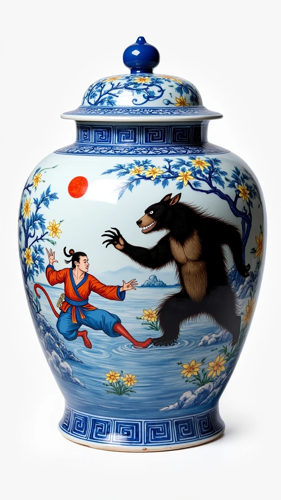 Jingdezhen ceramics,Vibrant and gorgeous ceramic water tank,Detailed illustration of the fight between Sun Wukong and the black bear demon,Reference Black Myth,Blue and white porcelain,Blue with white and red accents,There are daffodils in the water tank,Complex design,Intricate details,Pure white background,Design process