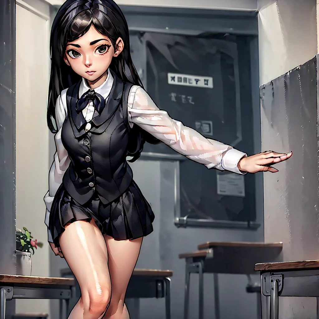 masterpiece, high quality, girl in school skirt and white tights, beautiful figure, slender legs, thin waist, black hair, shirt & vest, stands in the classroom, sexy legs, bulging big breasts, girl lifts her skirt to her panties