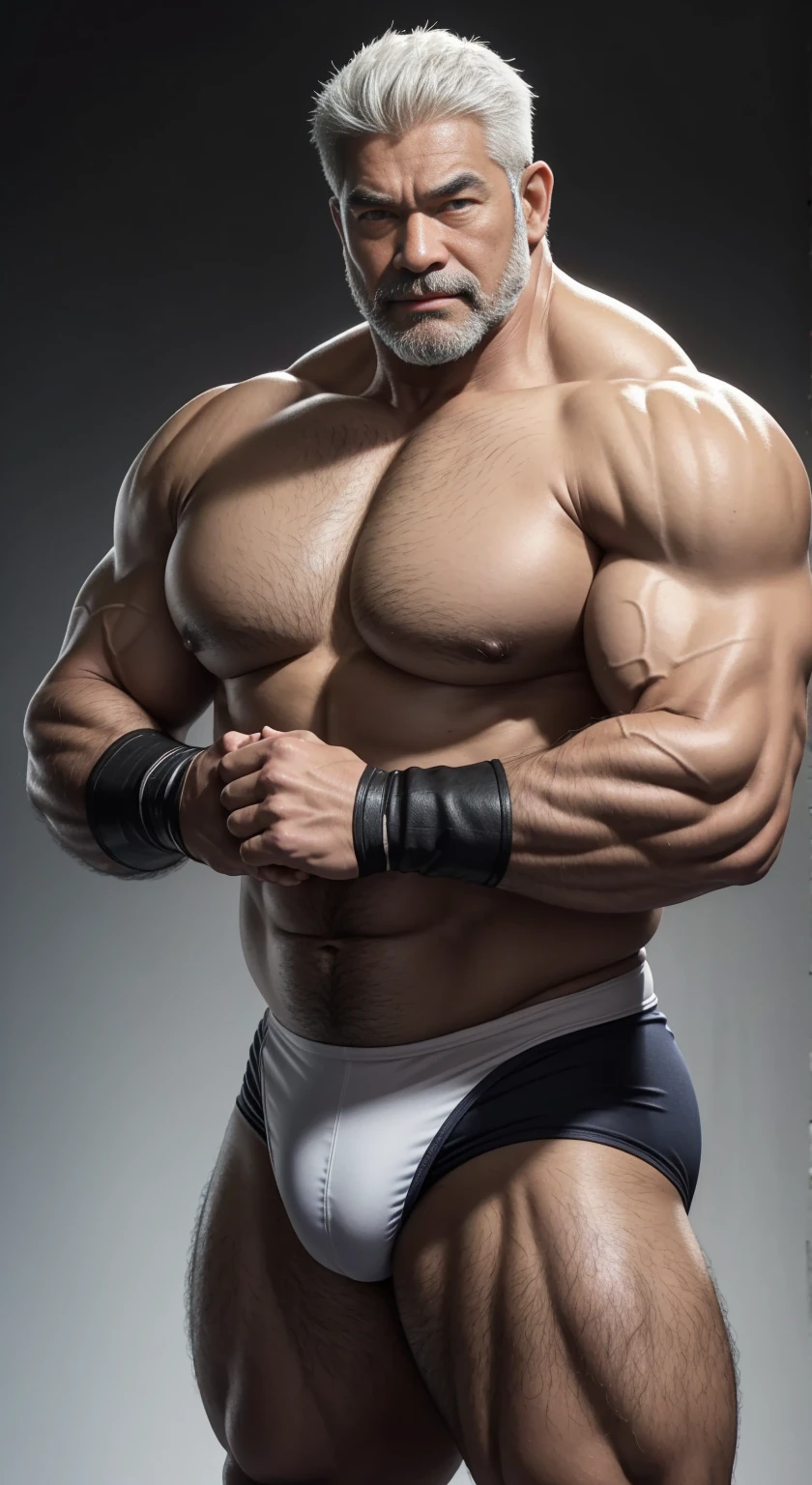 Middle age,the only person,male people,Muscle wrestler,musculous,Stout wrestler,Asian people,Uncles,Middle age 60,tall,Long legs,Short hair details,Short hair details,Wrestling Bootle Mannequin,Panorama characters,WWE ring,WWE American professional wrestling,spotlight lights,cellshading,imagining,briefly,age 55,short mustache,Middle age,tattoo iingerless gloves,Wheat-colored skin,oilly skin,Dark skin,Show off your chest muscles,Sumo wrestler,body builder,Wide sideburns,Pronounced abs,ssmile,kouzi lake,White hair,(Full body like:3),Hands are very thin,solid color backdrop,with a pure white background
