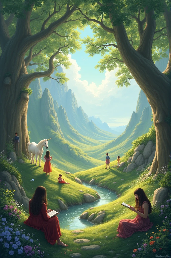The setting is calm and welcoming, with magical creatures and students enjoying a peaceful atmosphere.