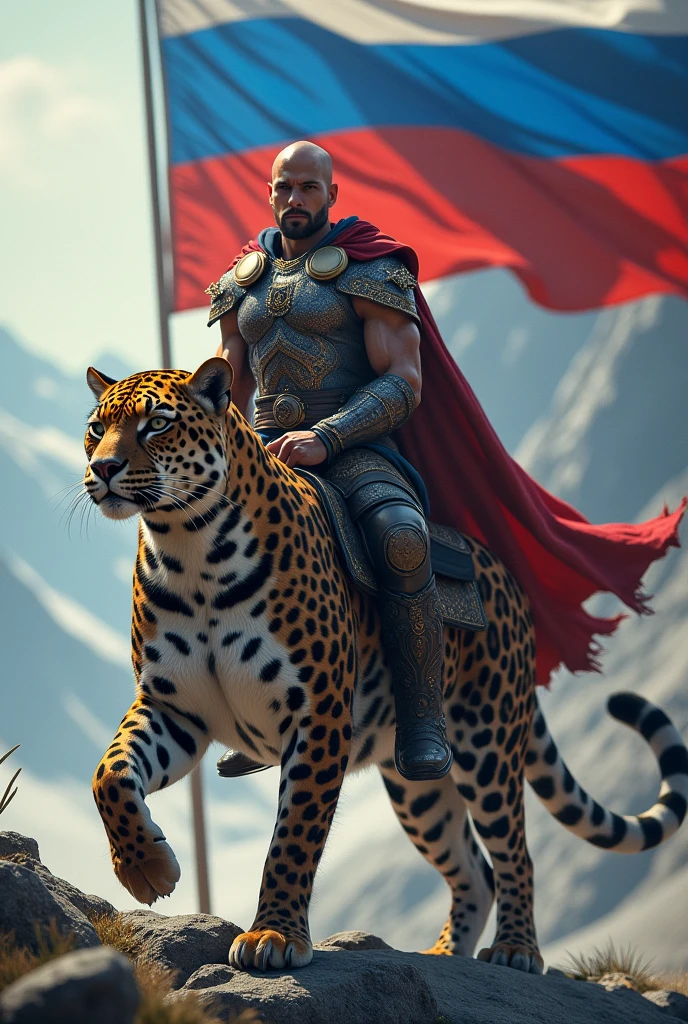 Handsome guy in a warrior costume. Riding a leopard, and behind her there is a Russian flag. And behind there are mountains.