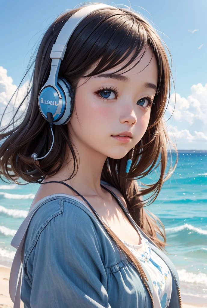One girl, solo, High resolution, Simple Background, Close your mouth, Impressionism, masterpiece, headphone、Listening to music、blue sky、blue sea、beach