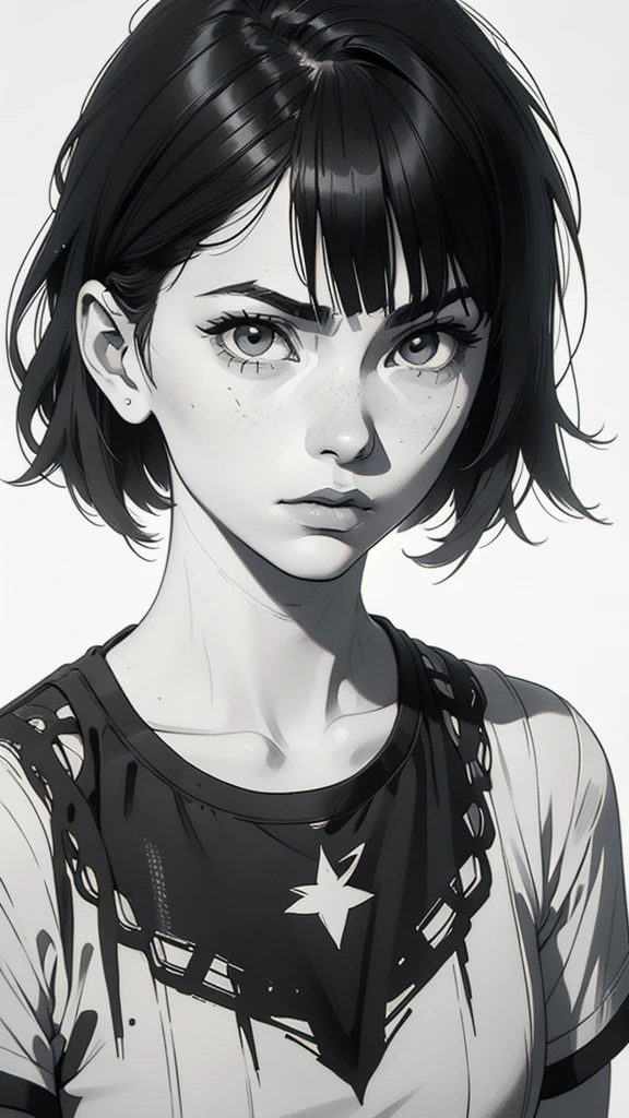 1 boyish girl, solo, sharp eyes, monochrome, greyscale, short black hair, portrait, white T-shirt, Thin eyebrows, closed mouth, looking at viewer, graphite \(medium\), detailed lips, hatching \(texture\), without makeup, bangs, upper body, (best illustration), (best quality), (very detailed), (masterpiece), expressionless,
