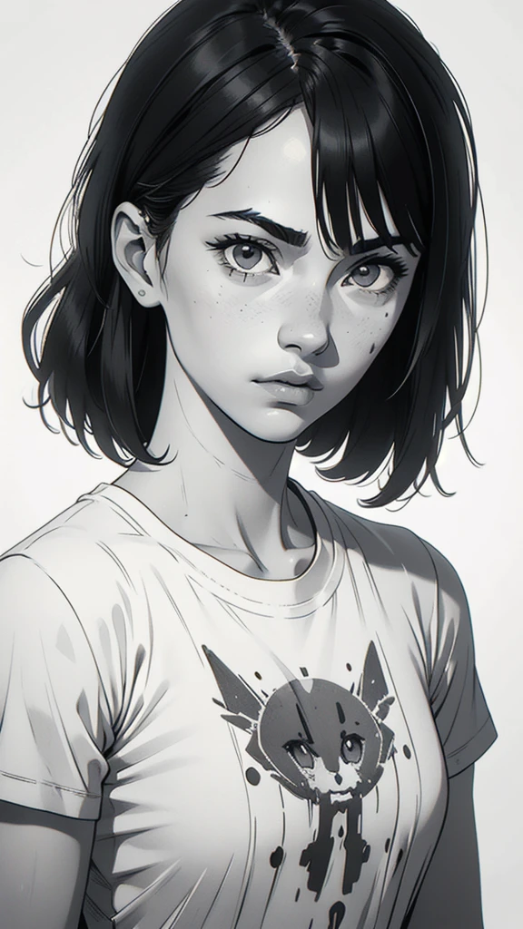 1 boyish girl, solo, sharp eyes, monochrome, greyscale, short black hair, portrait, white T-shirt, Thin eyebrows, closed mouth, looking at viewer, graphite \(medium\), detailed lips, hatching \(texture\), without makeup, bangs, upper body, (best illustration), (best quality), (very detailed), (masterpiece), expressionless,