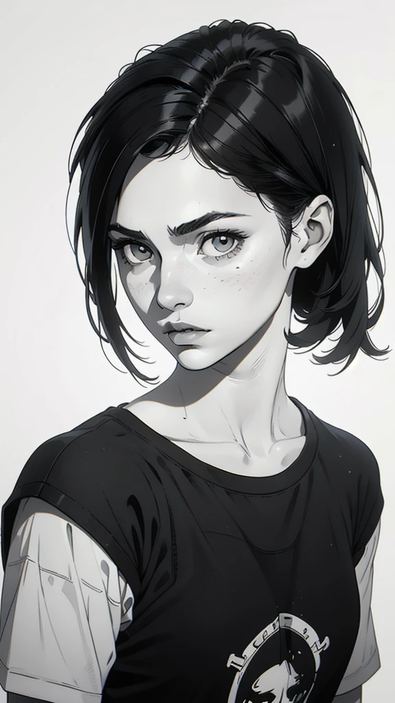 1 boyish girl, solo, sharp eyes, monochrome, greyscale, short black hair, portrait, white T-shirt, Thin eyebrows, closed mouth, looking at viewer, graphite \(medium\), detailed lips, hatching \(texture\), without makeup, bangs, upper body, (best illustration), (best quality), (very detailed), (masterpiece), expressionless,