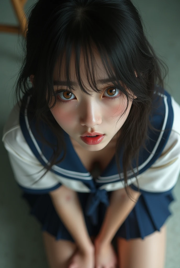 (hyperrealistic), (8K), (extremely detailed), (best illustration), (beautiful detailed eyes), (best quality), (ultra-detailed), (masterpiece), (wallpaper), (detailed face), solo, 1 girl, one-hour drawing challenge, wet sweat, (school uniform:1.3), looking at the audience, exquisite details, detailed faces, ,pureerosfaceace_ v1,top down POV on the sitting on the floor with her mouth open