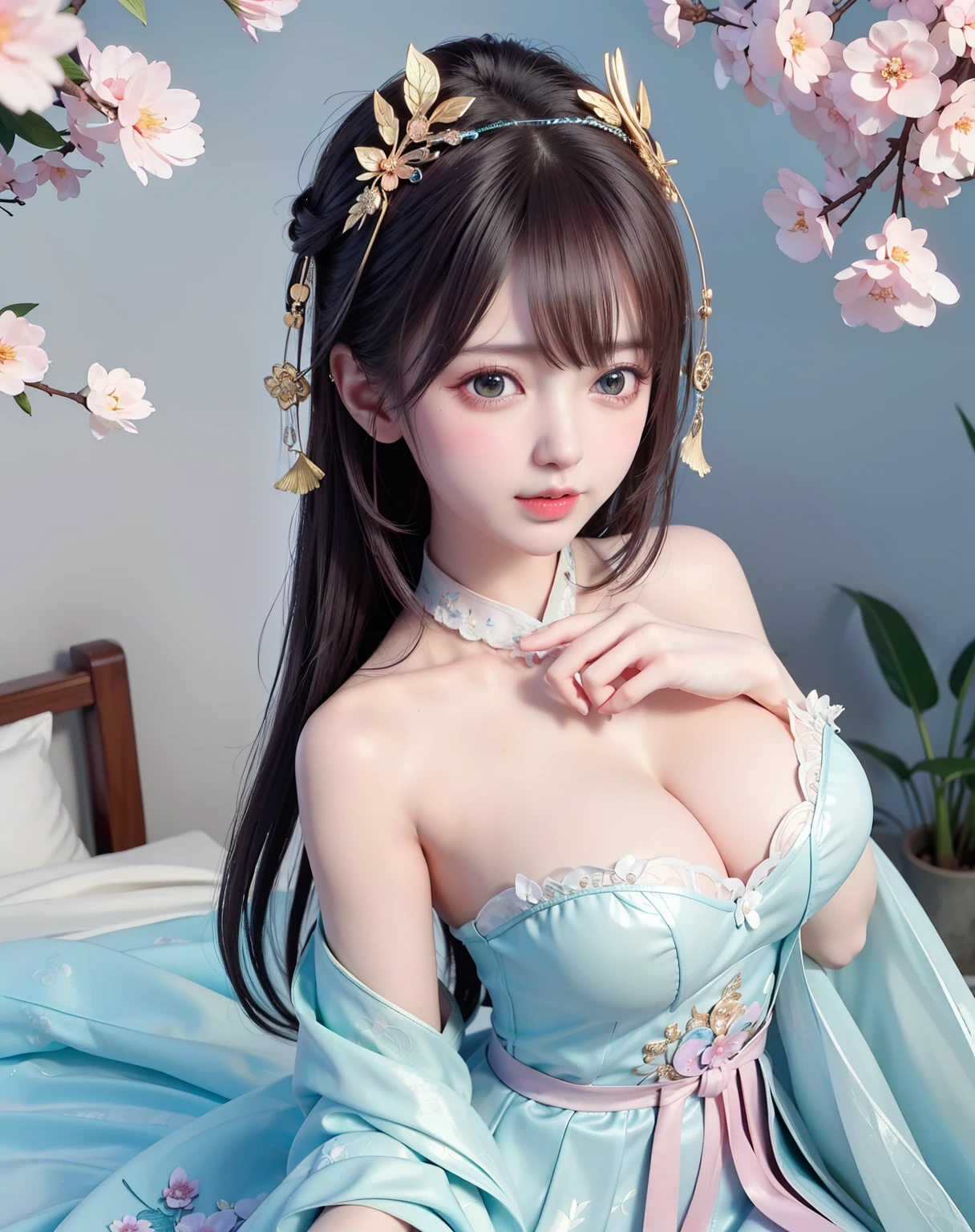 (8k, RAW photo:1.2), best quality, ultra high res,dramatic angle,(fluttered detailed color splashs), (illustration),(((1 girl))),(long hair),(rain:0.9), (Headdress:1.4),There is an ancient palace beside the girl,Hanfu,(Key Points),Color ink painting,(Splash of Color),Splash of Color,(((colorful))),(sketch:0.8) , Masterpiece, best quality, beautiful painted, highly detailed,(denoising:0.6),[splash ink],((ink refraction)), (beautiful detailed sky),moon,highly,detaild,(masterpiece, best quality, extremely detailed） CG Unity 8k Wallpaper，masterpiece，best quality，Ultra Detailed），（Lycoris）. hanfu open v open V-chested clothes Thin silk lace dress , (huge ，cleavage),, white pink and gren，best qualtiy，tmasterpiece，Ultra-high resolution，（Reality：1.4），RAW photogr，（True skin texture：1.3），（filmgrain：1.3），（Selfie angle），1个Giant Breast Girl，Beautiful eye and face details，tmasterpiece，Best quality at best，，The chest more exposed， detailed brapurple and green , detail 8k, upper body, lace petticoat. bottom position looking up, sexually provocative, lying on bed, fishnet stockings