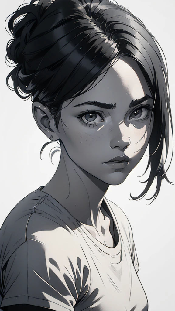1 boyish girl, solo, sharp eyes, monochrome, greyscale, short black hair, portrait, white T-shirt, Thin eyebrows, closed mouth, looking at viewer, graphite \(medium\), detailed lips, hatching \(texture\), without makeup, bangs, upper body, (best illustration), (best quality), (very detailed), (masterpiece), expressionless,