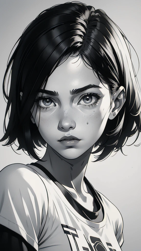 1 boyish girl, solo, sharp eyes, monochrome, greyscale, short black hair, portrait, white T-shirt, Thin eyebrows, closed mouth, looking at viewer, graphite \(medium\), detailed lips, hatching \(texture\), without makeup, bangs, upper body, (best illustration), (best quality), (very detailed), (masterpiece), expressionless,