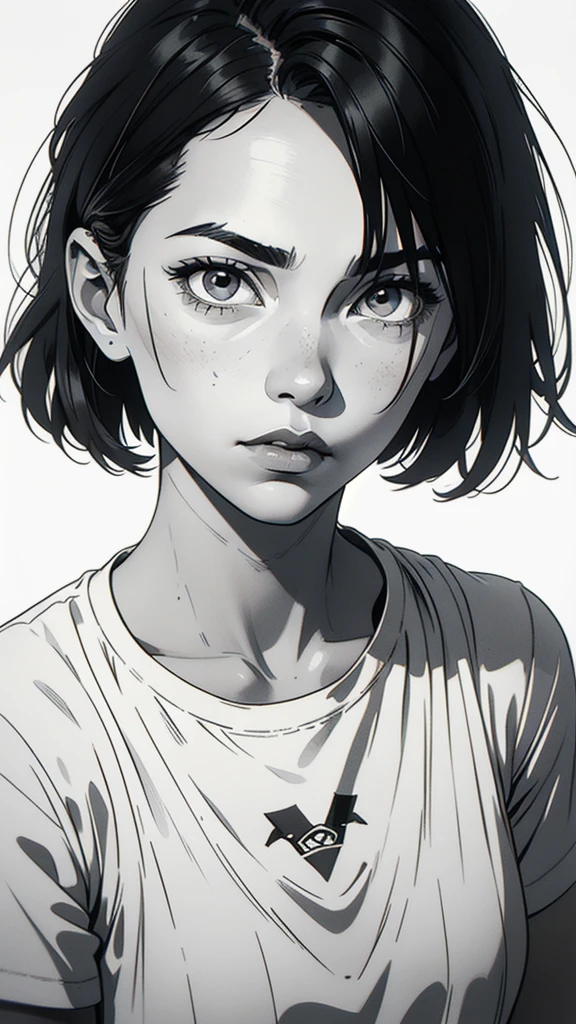1 boyish girl, solo, sharp eyes, monochrome, greyscale, short black hair, portrait, white T-shirt, Thin eyebrows, closed mouth, looking at viewer, graphite \(medium\), detailed lips, hatching \(texture\), without makeup, bangs, upper body, (best illustration), (best quality), (very detailed), (masterpiece), expressionless,