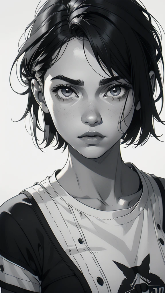 1 boyish girl, solo, sharp eyes, monochrome, greyscale, short black hair, portrait, white T-shirt, Thin eyebrows, closed mouth, looking at viewer, graphite \(medium\), detailed lips, hatching \(texture\), without makeup, bangs, upper body, (best illustration), (best quality), (very detailed), (masterpiece), expressionless,