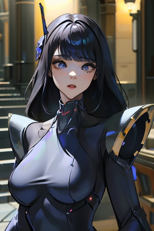 (masterpiece),(Highest quality),(Super detailed),(Best illustrations),(Best Shadow),(Absurd),(Detailed Background),(so beautiful), 16K, 8K, 4K,(Best Shadow),empty eyes,robotization,woman ,big bust,Robot Joint ,Metal skin,Black Suit,long hair,a black suit that covers the whole body,robot raiden shogun ,cyber suit,chrome body,mecha skin,metal skin