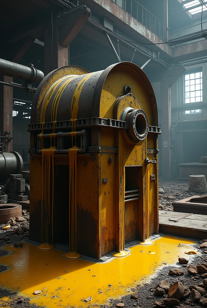 A broken expeller machine falling oil yellow in India in a factory 