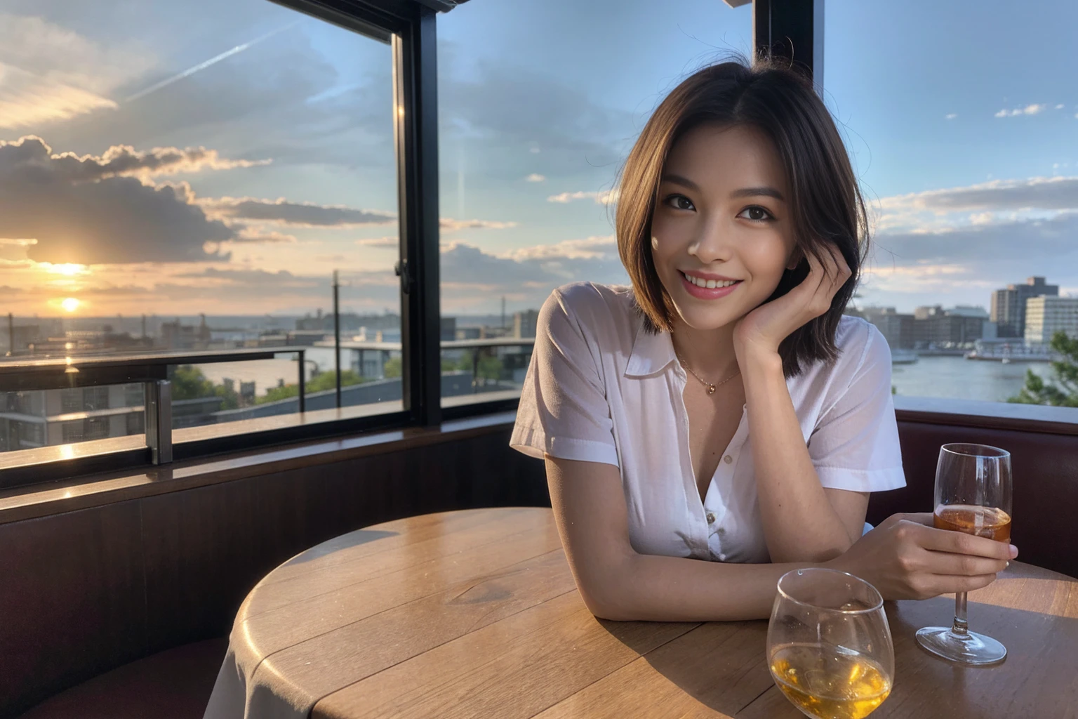 ((Highest quality、8k、masterpiece:1.3))、Whiskey bottles、The Macallan、Joni Black、Old Parr、whiskey、Suntory、Nikka、Slim Couple、modelカップル、(Realistic, Intricate details:1.2), full-course dinner、Whiskey bottle and glass on the table、Single Malt、scotch、Rocks glass、Shot Glass、Malt whiskey、、Scotland、Amazing view of the sunset sky and clouds、A bright smile、The wonderfulness of smile、 Beautiful Face, blue eyes, The light shines on your face, blush, short hair,Bright Face、 (Age 37), 3,Two beauties、Brown Hair、Shortcuts、Short sleeve shirt、dress、Beautiful woman 1, (Slim face), (The body is スリム), (Brown Hair), (Shortcuts), cheeks turn a little red,Attractive beauty、restaurant, In a prominent place (From the waist up) Nova Frog Style, actress, model, (smile: 1.15), Beautiful fine grain, Depth f/2,saturation, High Contrast, Strong light and shadow,Moist Body:1.5、3D texture、Delicate eyes、Brown Hair、The hair is very shiny、
