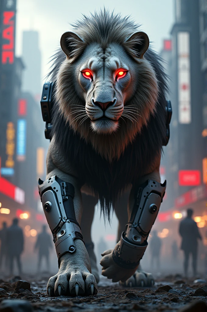 The lion red glowy eyes and cyborg costume with pubg city