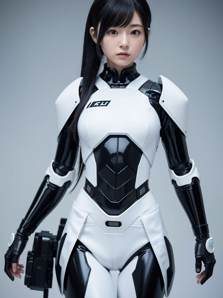 Japanese female android,White and black robot suit, black hair,I&#39;m stuck to the wall and can&#39;t move,