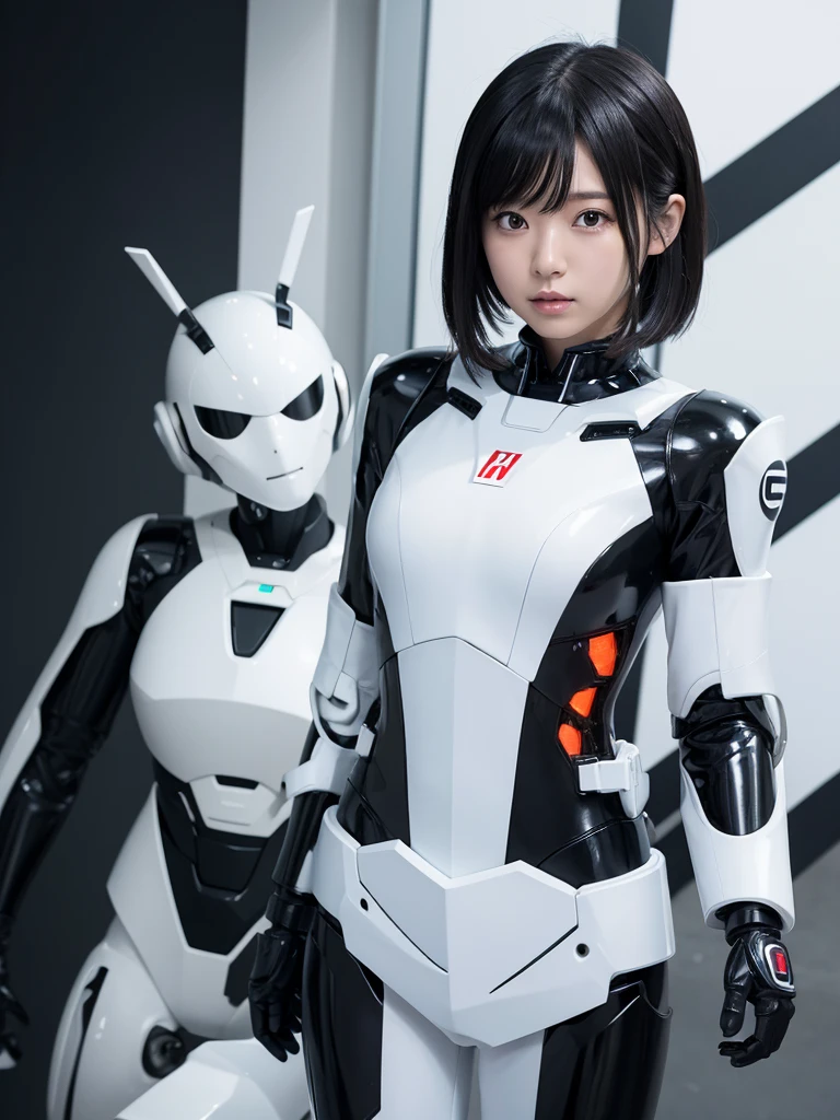 Japanese female android,White and black robot suit, black hair,I'm stuck to the wall and can't move,