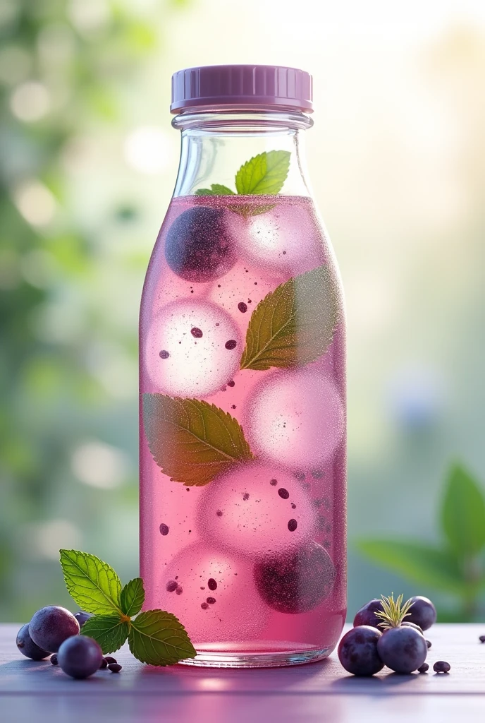 Create an image of purpleish drink that got some of basil seed that is spread inside and the background is refreshing and it is in transparent bottle make the basil seed a little bit smaller and spread inside the drink make the background refreshing and add some mint leaves inside the drink