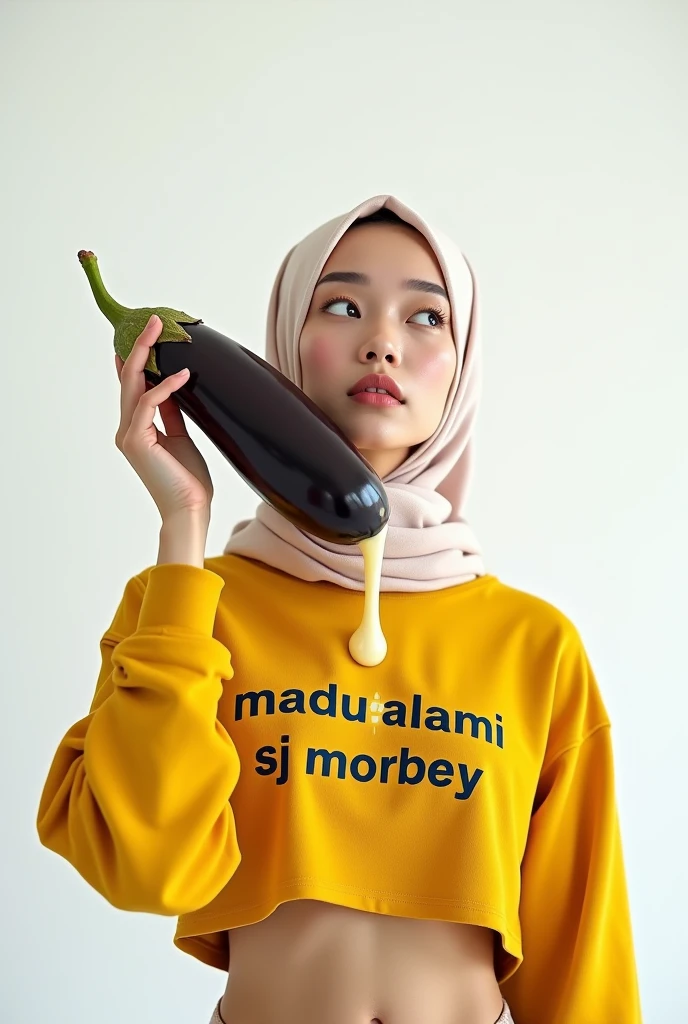 Beautiful Korean woman wearing a hijab, wearing a yellow crop top with the words "Madu Alami SJ MORBEY", right hand holding a long eggplant, at the end of the eggplant there are drops of condensed milk, left hand looking up, white begron