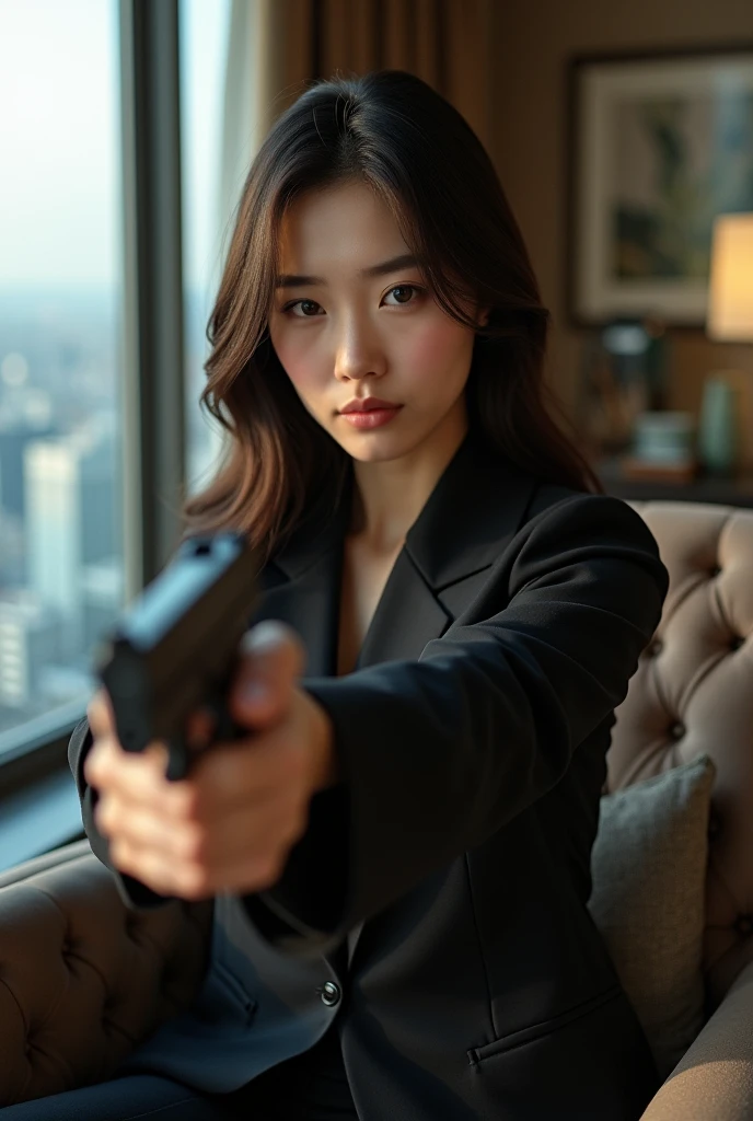 Sexy white korean Girl with a gun in her hand sittting in the chair in her beautiful house