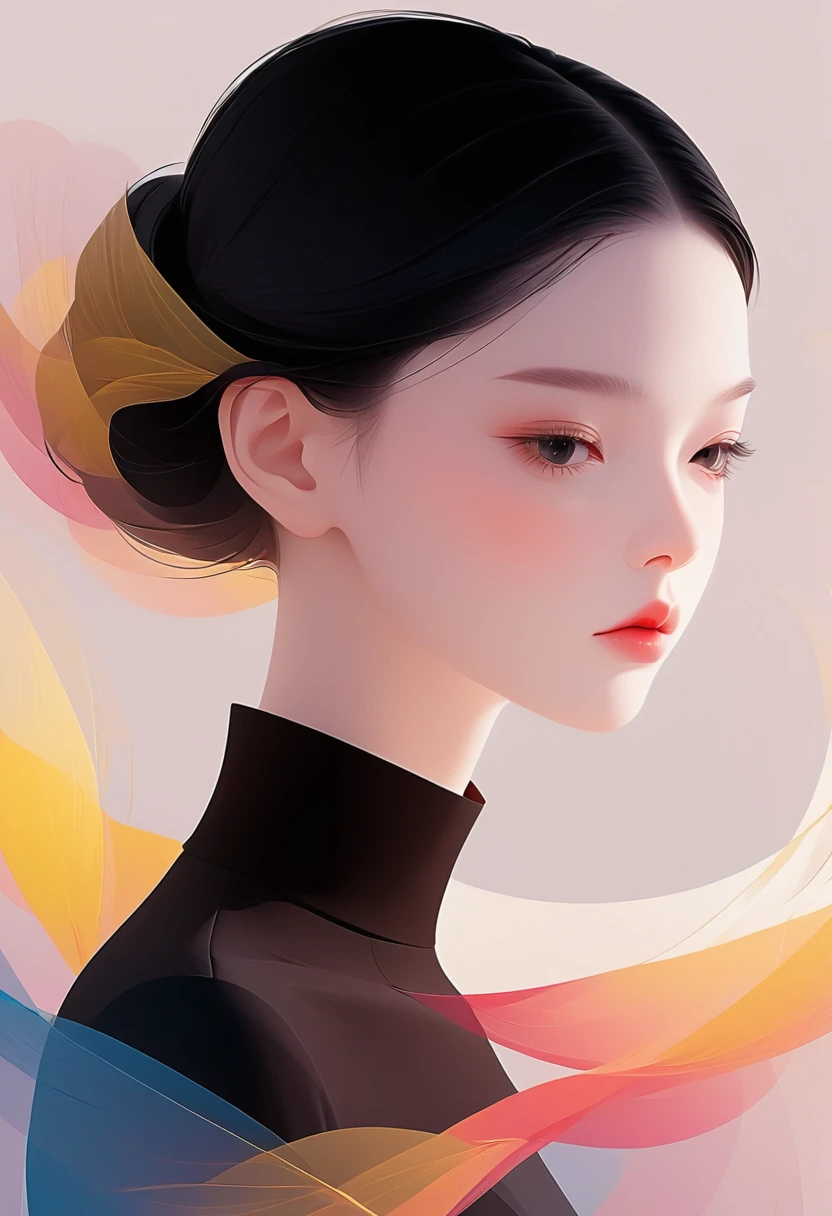 vector，Flat style，illustration，数字艺术illustration，1 girl，Unique，Black Hair，Pretty Face，portrait，Shoulder，Beautiful hands，Was，artistic conception，Abstract