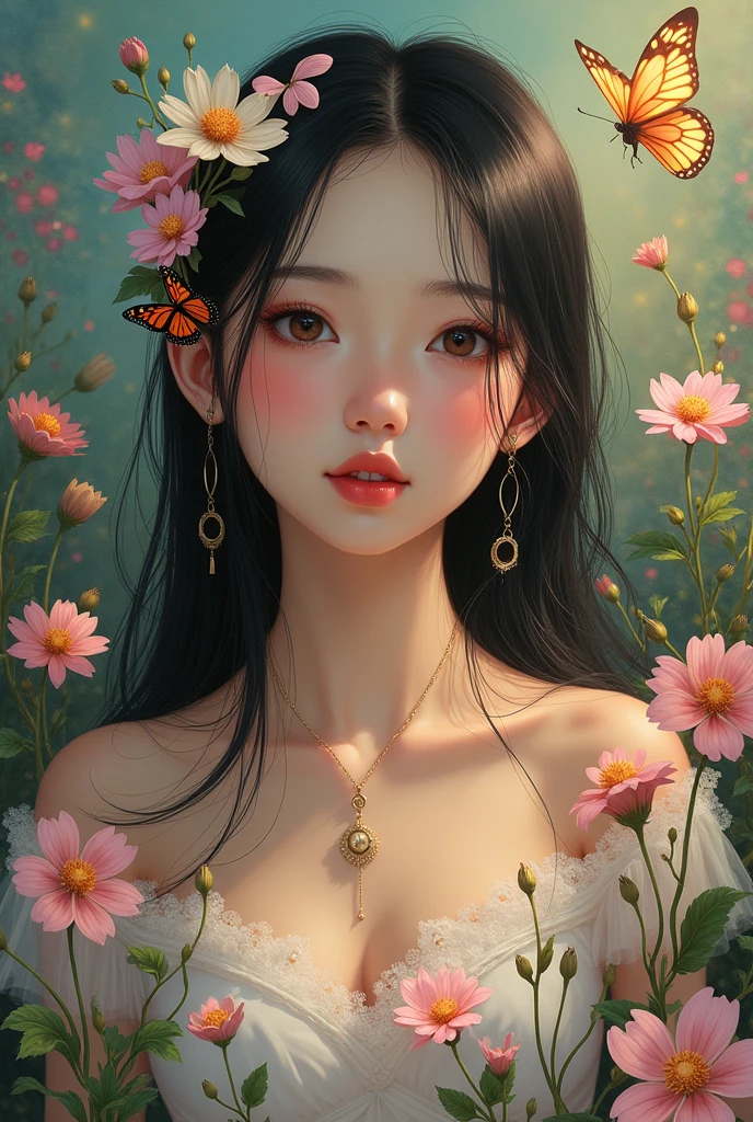 a beautiful young Korean Thai woman with a cute face, long straight hair decorated with circular flowers, there is a flower tattoo on the woman&#39;s plain chest, there is a butterfly that glows softly, beautiful, colorful, glows softly. which flies to find food in a flower, surrounded by colorful oil paintings, artistic style of small stems creeping around in circles, bright pastel background . Realistick HD
