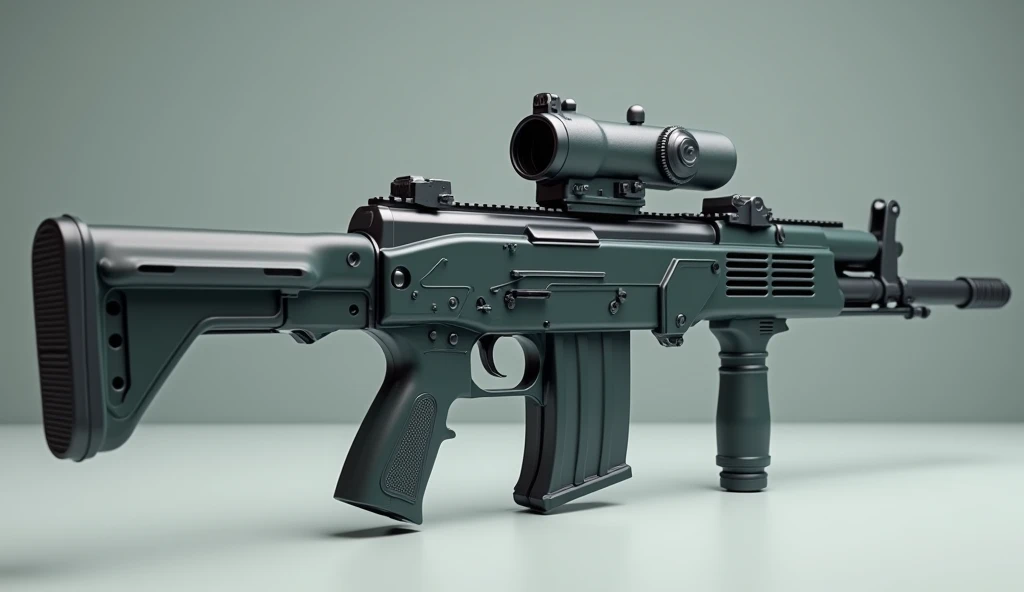 Mini double water gun toy，Integrated rifle mount，Q version，Magazine and scope，(Similar structure to AK47)，(Double muzzle:1.3)，Smooth lines，Plastic material，Three different Morandi color schemes，high quality，Professional Product Photography，Table background，3d, OC Rendering，8K，