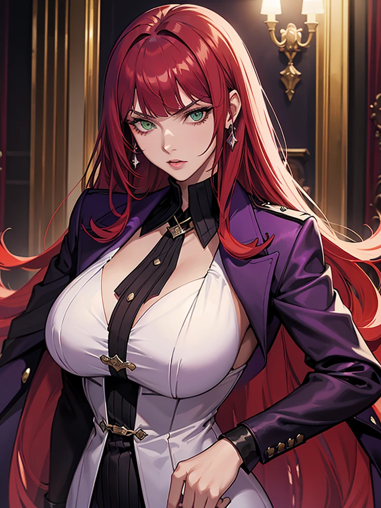 green eyes, red hair with long bangs, noble. sadistic women, wavy long hair. strong woman. purple jacket. she quiet. wear purple and black outfit. dominant woman. mafia. mature woman. girl boss. badass woman. gangster. hair so long have bangs. background in luxury mansion.