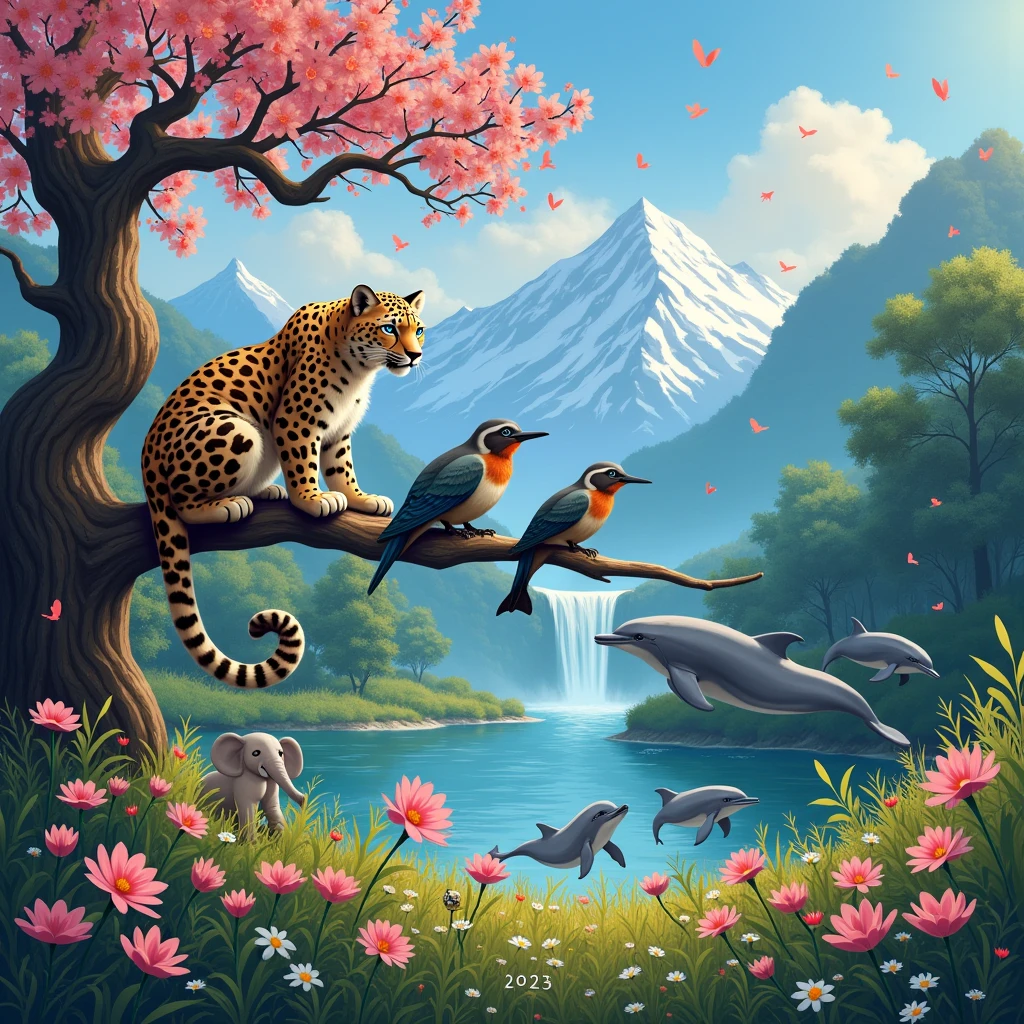 A 12-Month Wildlife-Themed Calendar for 2025: Celebrating the Animal Kingdom

Embark on a journey through the animal kingdom with a 2025 nature-themed calendar that highlights the beauty and diversity of wildlife across the globe. Each month showcases a different aspect of the animal world, offering a glimpse into the lives of creatures that share our planet.

January: The Majestic Snow Leopard

Under the twilight sky, the snow leopard prowls the snow-capped mountains of Asia. This elusive predator, with its thick fur and striking blue eyes, is a symbol of the resilience and adaptability of life in the harshest of conditions.

February: The Lovebirds of Valentine's Day

In the heart of a lush forest, a pair of lovebirds perch on a heart-shaped tree, symbolizing the love and affection of Valentine's Day. Their vibrant plumage and melodic songs echo through the woods, a testament to the power of love in nature.

March: The Springtime Chorus of Frogs

As spring arrives, the air is filled with the melodious chorus of frogs. Amidst the blossoming cherry trees, these amphibians come together to sing their love songs, heralding the renewal of life and the awakening of the natural world.

April: The Majestic Elephants by the Waterfall

In the vivid green jungle, a family of elephants gathers at a serene waterfall. These gentle giants, with their intricate social structures and deep intelligence, epitomize the harmony between the animal kingdom and the environment.

May: The Flamingos of the Wetlands

A carpet of colorful wildflowers spreads across a grassland, providing a vibrant backdrop for a flock of flamingos. These pink-hued birds, with their long legs and distinctive beaks, are a symbol of the beauty and diversity of avian life.

June: The Dolphins of the Sunny Beach

The crystal-clear waters of a sunny beach are home to a playful pod of dolphins. These intelligent marine mammals, with their acrobatic displays and social behaviors, remind us of the wonders of the ocea
