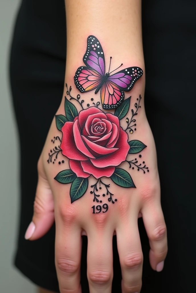 A Rose tattoo on hand decorated with designs and butterfly with the word 26/09/1995 Libra girl