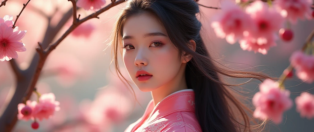 hot chinese girl with peach blossom, wear pink, full body, long hair
