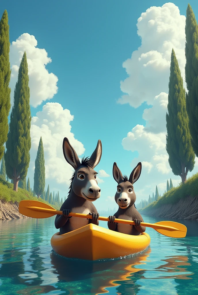 I want a nice shot of a woman donkey and a male donkey kayaking in the river.