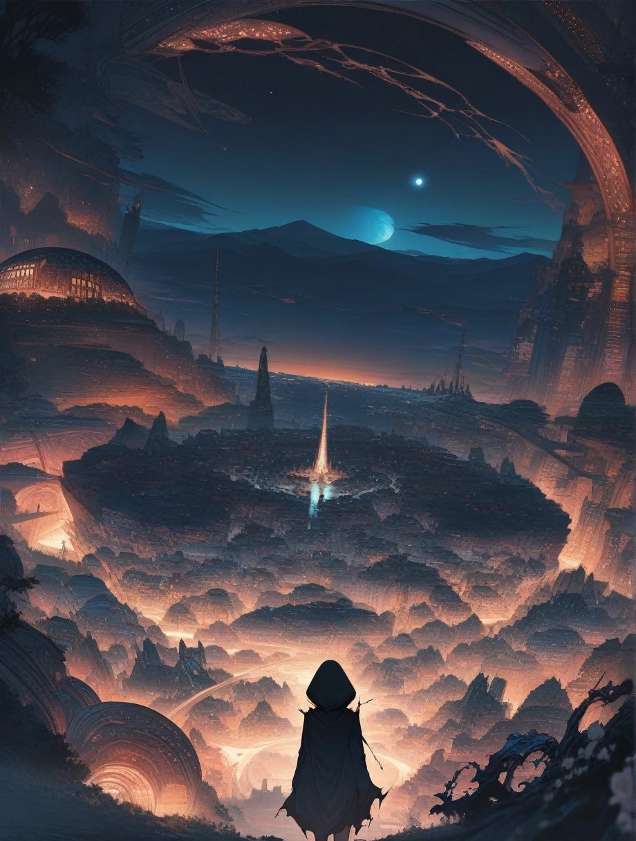 score_9, score_8_superior, score_7_superior, score_anime, masterpiece, Highest quality, Delicate illustrations, Sharp lines, Sharp focus, break, a traveling girl wandering in the endless night world, The girl is wearing a hood、I have a lot of stuff in my backpack, night , Wonderful landscape, Beautiful views, Harmony with Nature, Nice views, Space City, (((Torn clothes))), (((Torn hood)))