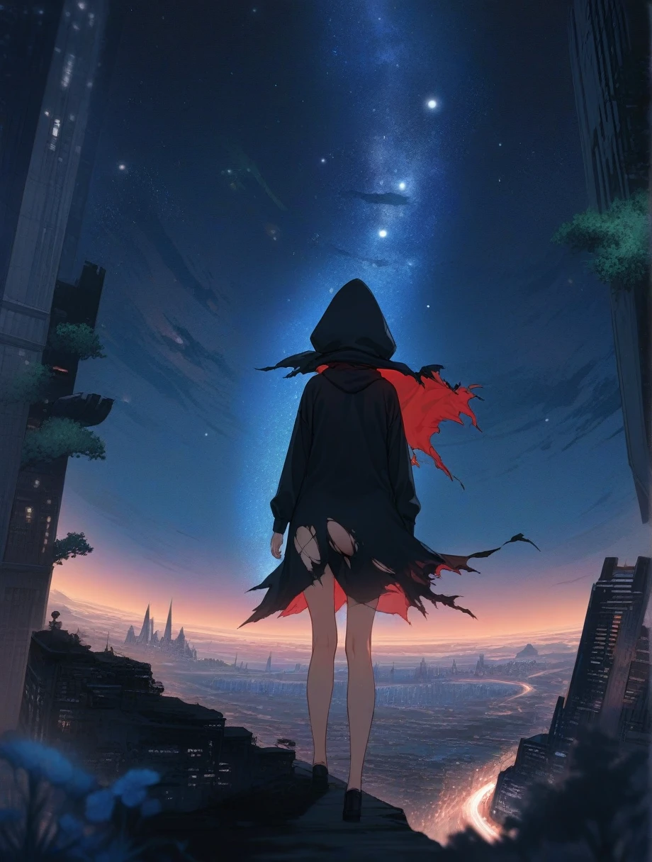 score_9, score_8_superior, score_7_superior, score_anime, masterpiece, Highest quality, Delicate illustrations, Sharp lines, Sharp focus, break, a traveling girl wandering in the endless night world, The girl is wearing a hood、I have a lot of stuff in my backpack, night , Wonderful landscape, Beautiful views, Harmony with Nature, Nice views, Space City, (((Torn clothes))), (((Torn hood)))