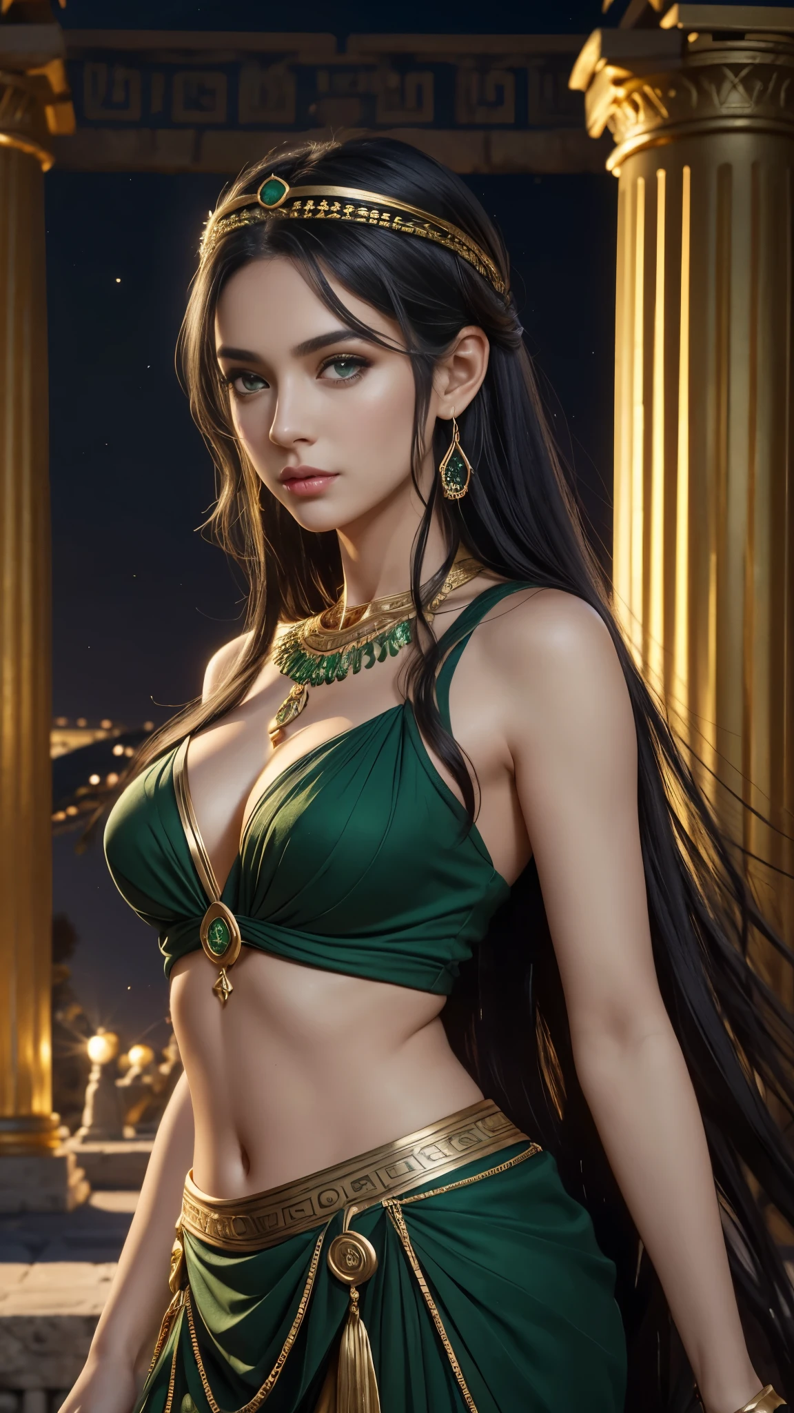 (A Gorgeous 30-Year-Old Greek Female Goddess), (Messy Long Black Hair), (Green Eyes), (Fair Skin), (Wearing Green Revealing Maiden Attire with Golden Jewelries), (Greek Temple at Night), (Elegant Pose), (Half Body Shot), (View From Front), (Ambient Lighting), Photo Realism, Intricate Face Detail, Intricate Hand Details, Vibrant Colors, Highly Detailed, Picture Taken with Sony A7RIV, with Sony 16-35mm f/4 Lenses, Cinematic, High Definition, Trending on Artstation--style raw