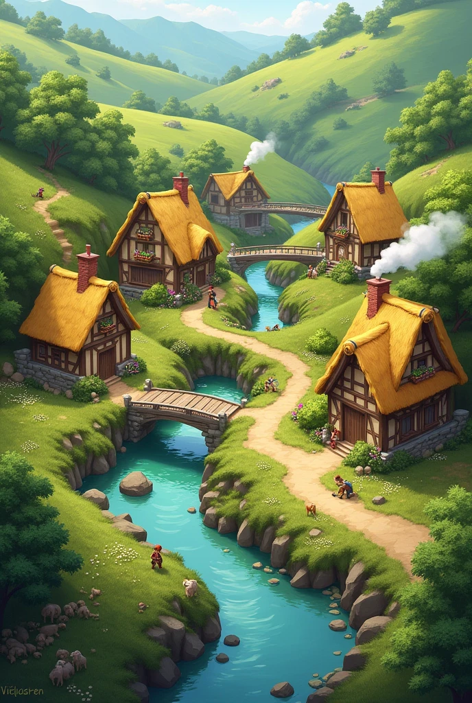 Depict a small, serene village nestled between lush green hills and sparkling rivers, with charming thatched-roof houses.