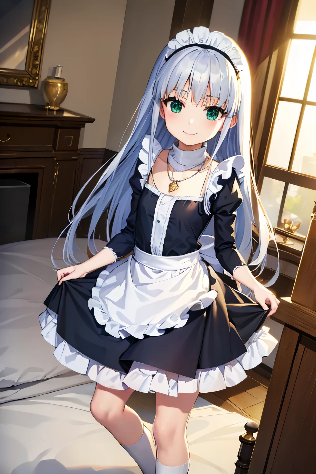 Long silver hair, green eyes, headband, necklace, small, maid dress, beautiful thighs, smile, happy, inside house