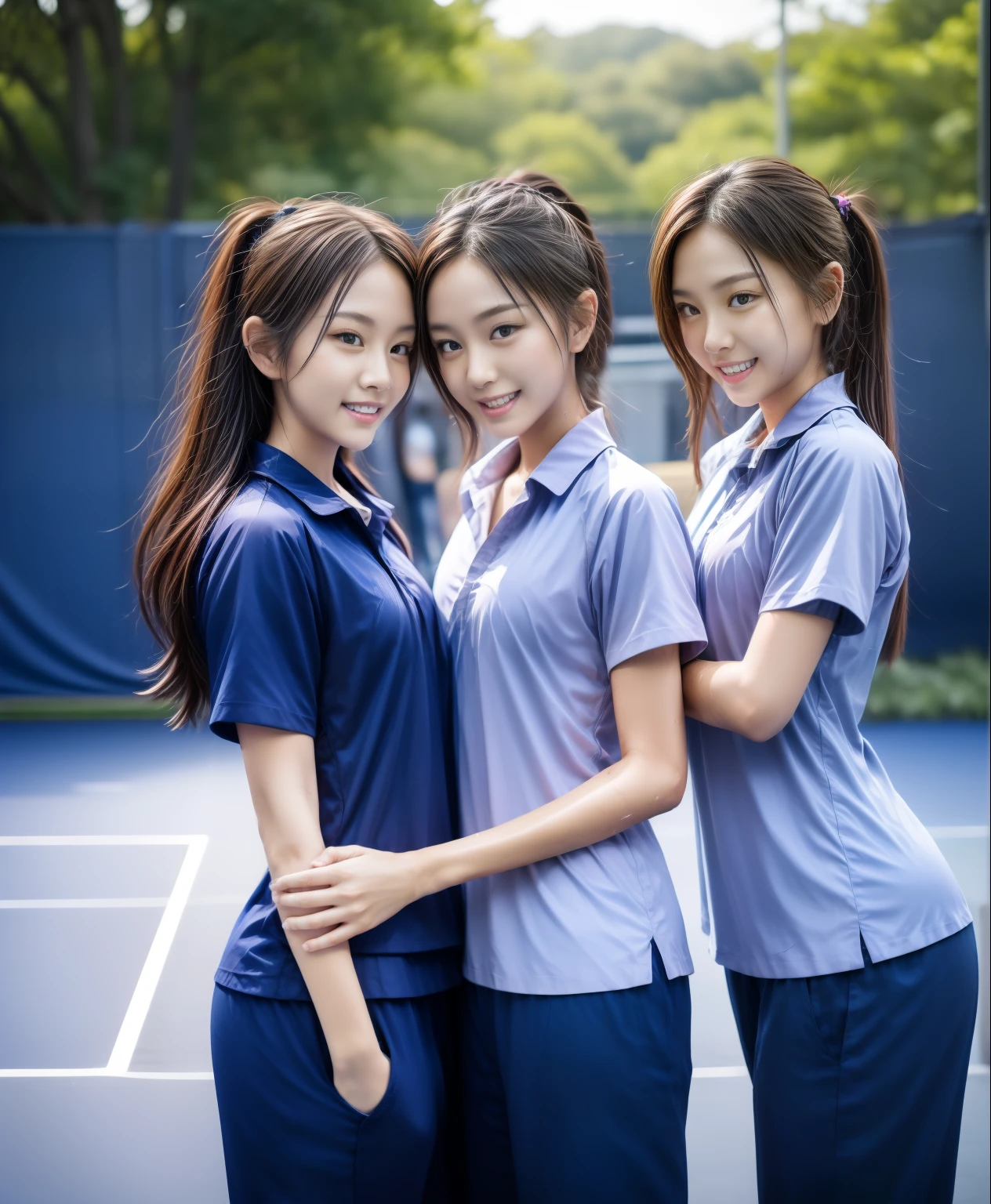 3 girls play tennis at tennis courts, Navy blue short-sleeved shirt,Navy Long Trackpant,Sweatpants, Sweatpantsขายาว,2 girl, lesbian, sexy, exercise clothes, wet body, exercise clothes