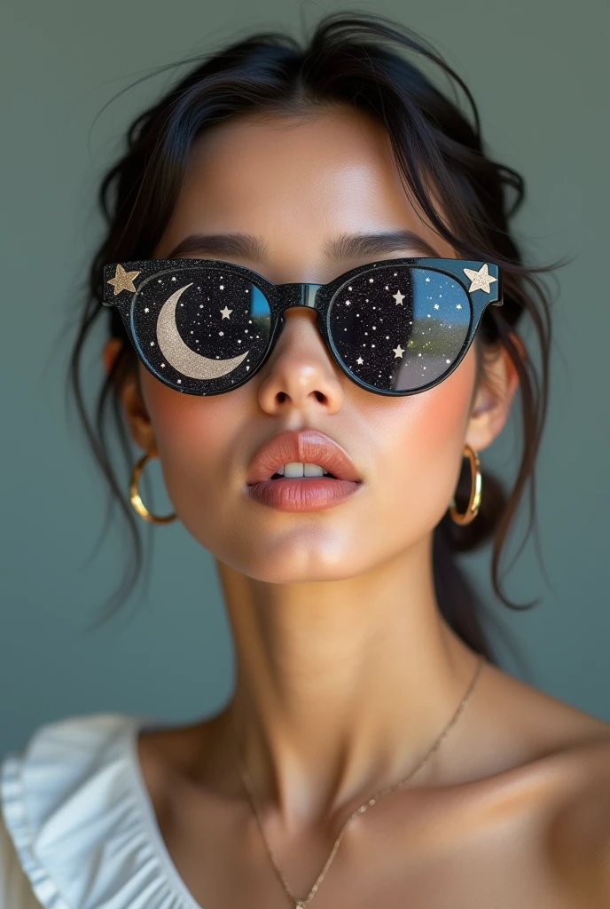 The model is wearing glass sunglasses with stars and the moon on the glass